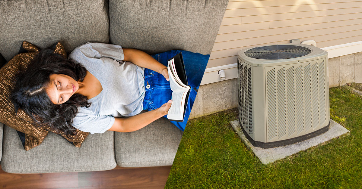 Woman on couch and exterior cooling unit