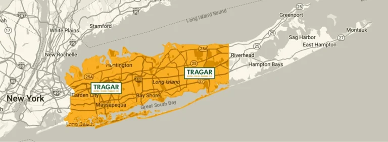 A map of Long Island marked with the TRAGAR logo highlighting a service area that covers most of Nassau and western Suffolk counties.