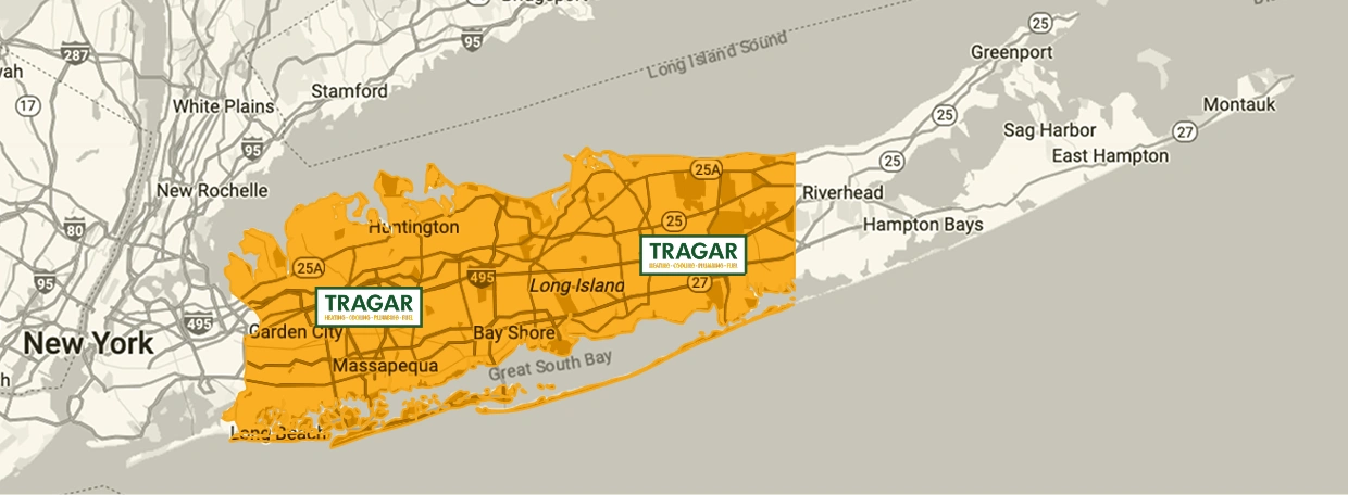 A map of Long Island marked with the TRAGAR logo highlighting a service area that covers most of Nassau and western Suffolk counties.