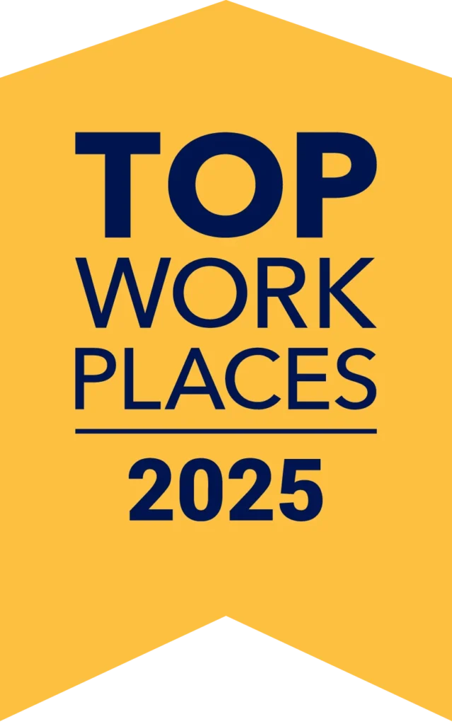 A yellow pennant-shaped badge with the text "Top Workplaces 2025" in large, bold blue letters.