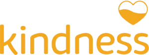 The image shows the word "kindness" in yellow with a heart shape outline containing a yellow section above it.