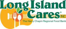 Long Island Cares Inc. logo with a fork, spoon, and plate design, plus green text reading “The Harry Chapin Food Bank.”.