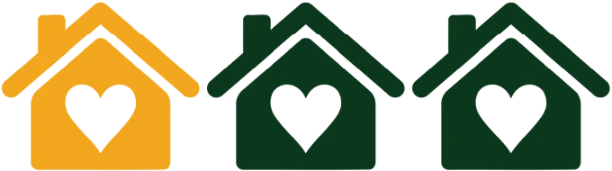Three house icons with heart-shaped cutouts in the center; the first house is yellow, the second is medium green, and the third is dark green.