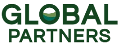 Logo with the words "GLOBAL PARTNERS" in dark green capital letters, featuring a stylized globe within the letter "O" in "GLOBAL.