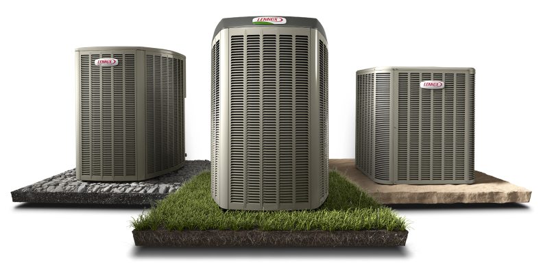 Three Lennox air conditioning units are displayed on different surfaces: concrete, grass, and stone, against a white background.