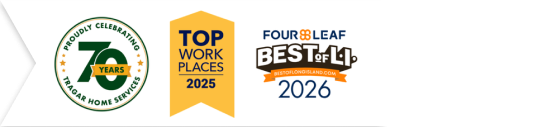Three award badges: "70 Years – Proudly Celebrating Traeger Home Services," "Top Work Places 2025," and "Four Leaf Best of L.I. 2026.
