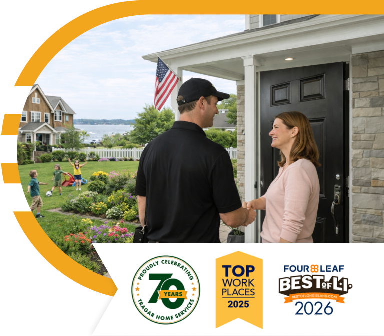 A woman shakes hands with a uniformed worker at her front door, with children playing outside. Three award badges are displayed at the bottom of the image.