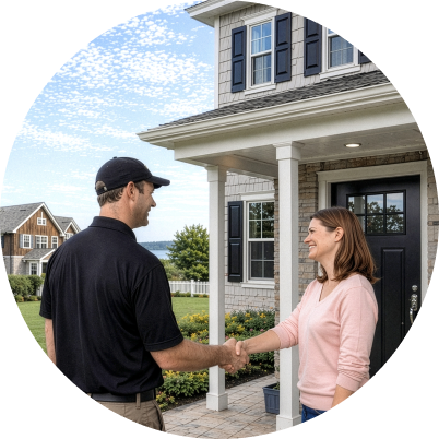 A man in a black polo shirt and cap shakes hands with a smiling woman outside the front door of a house on a sunny day.