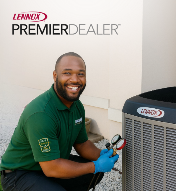 A technician kneels beside a Lennox air conditioning unit, holding HVAC gauges and smiling at the camera. The image displays the Lennox Premier Dealer logo.