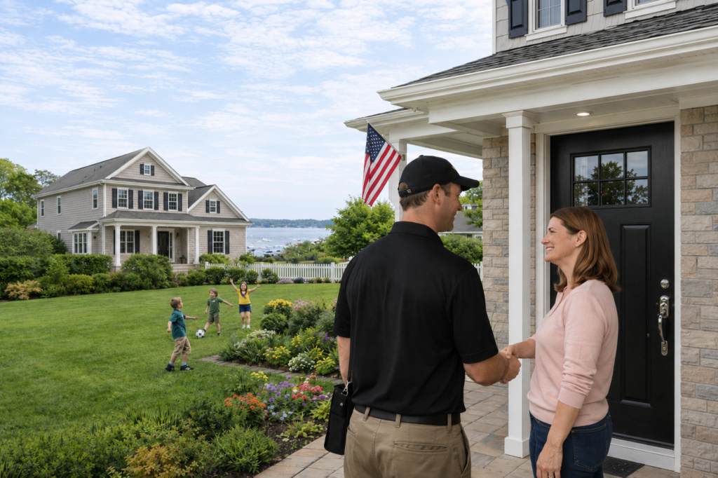 A woman shakes hands with a man in a black uniform outside a house, while children play soccer on the grass in the background. An American flag hangs near the front door.