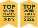Two yellow award banners labeled “Top Work Places 2025” and “Top Work Places 2026” in green text.