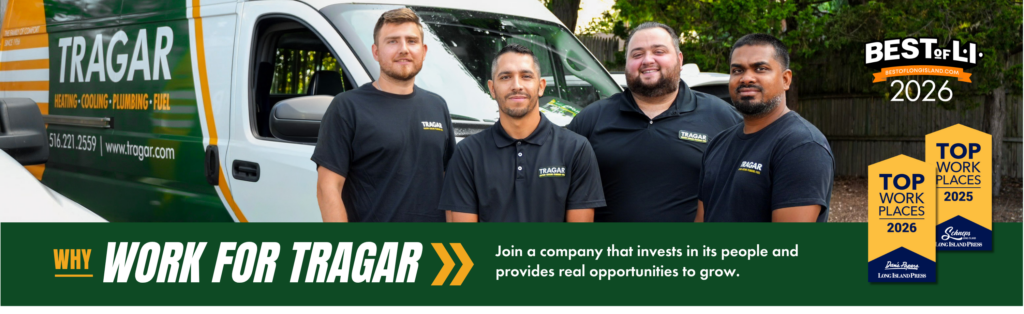 Four men in black TRAGAR shirts stand in front of a TRAGAR service van, promoting the company as a top workplace with awards displayed on the right side of the image—highlighting exciting careers and jobs available for those interested in joining their team.